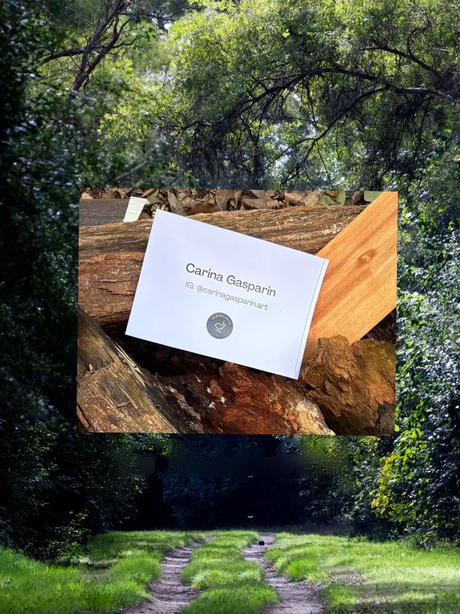 Tarjeta de Carina Gasparin sobre troncos y chapas de madera, camino de la Estancia La Margarita