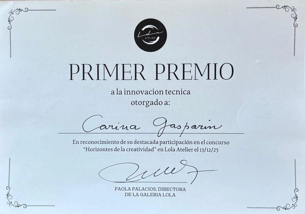 Certificado del Primer Premio a la Innovación Técnica, otorgado a Carina Gasparin por Lola Atelier