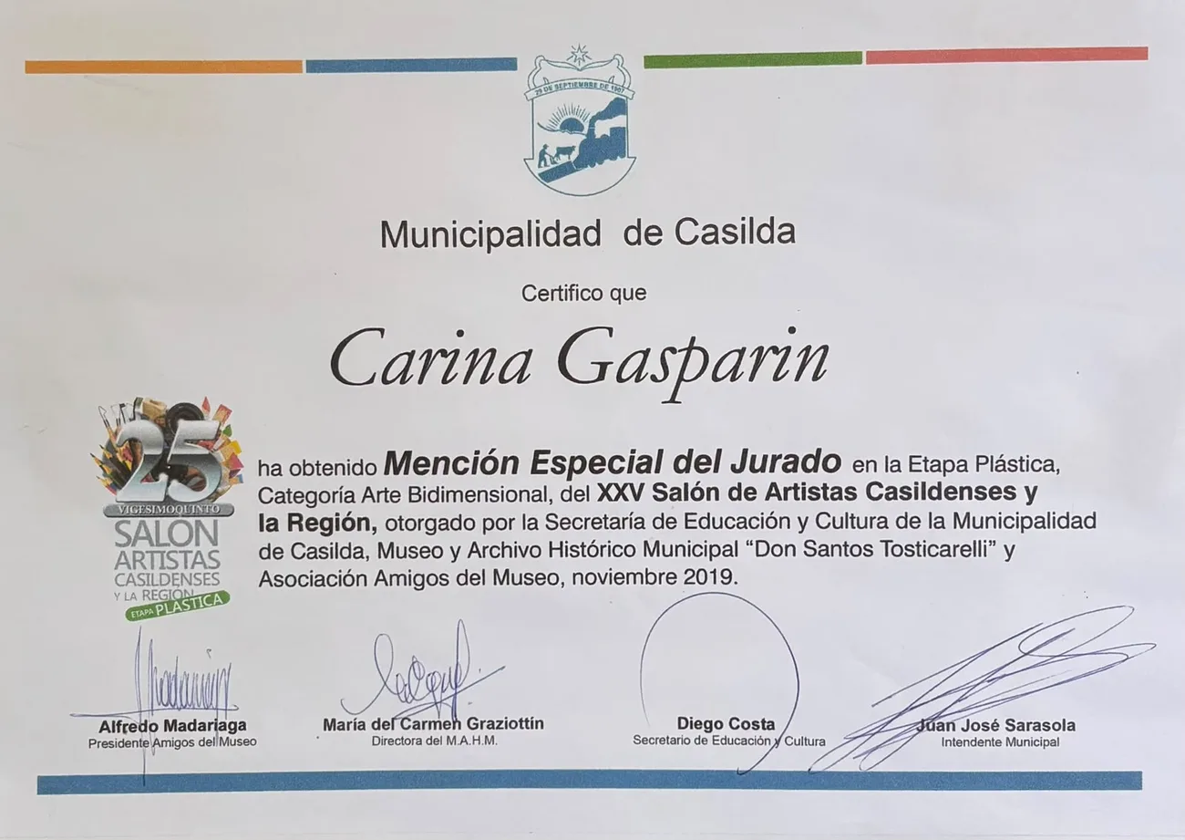 Certificado de Mención Especial del Jurado otorgado a Carina Gasparin en el XXV Salón de Artistas Casildenses y la Región, noviembre de 2019